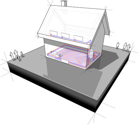 Diagram of a detached  house with floor heating on the ground floor and radiators on the first floorのイラスト素材