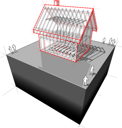 Construction of simple detached house with wooden framework constructionのイラスト素材