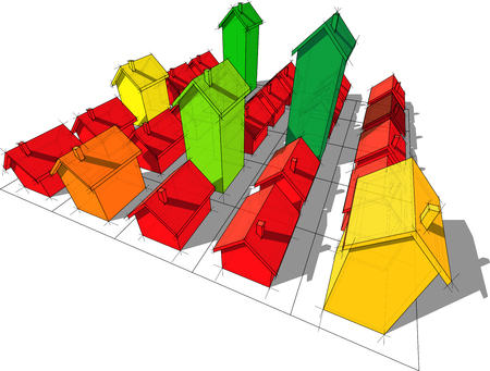 field of twenty five transparent transparent simple detached houses with different height on rectangular  grid composed of squares in colors of energy rating diagramのイラスト素材