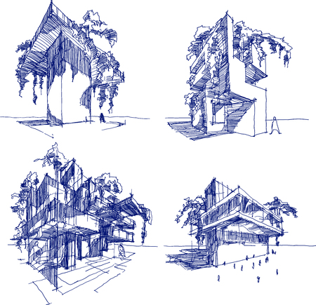 four hand drawn sketches  of abstract modern building with lots of greenery and  trees on the roof and wallsのイラスト素材