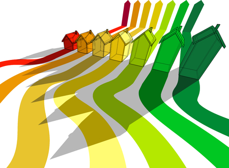seven detached houses certified in seven energetic classes in energy rating diagramのイラスト素材