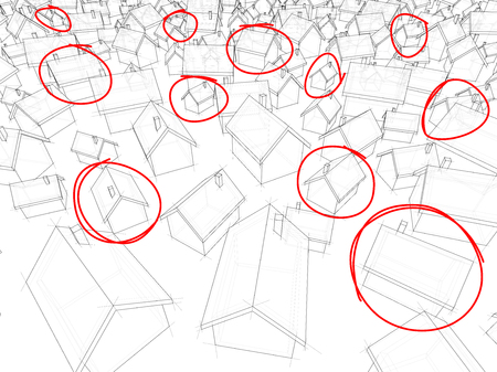 3d illustration of many chaotically standing simple detached houses of different sizes  with hand drawn circle sketches highlighting some housesのイラスト素材