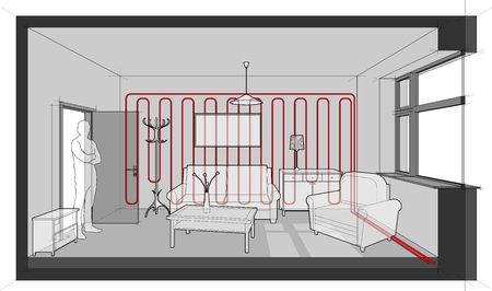 Diagram of a single room furnished with sofa, chair, table, cabinets, ceiling lamp, cloths hanger and painting on the wall heated with wall heatingのイラスト素材