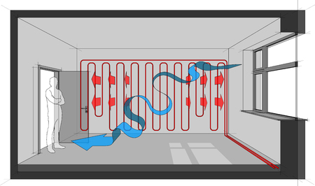 Diagram of wall heated room with natural air ventilation arrow.のイラスト素材