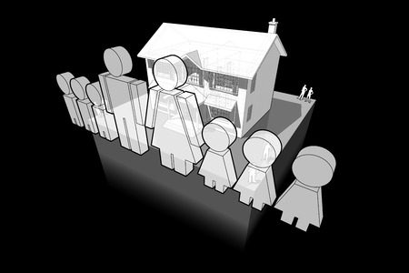 diagram of a classic colonial house and family sign composed of man and wife and six childrenのイラスト素材