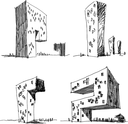 Four hand drawn architectural sketches of a modern abstract architecture.のイラスト素材