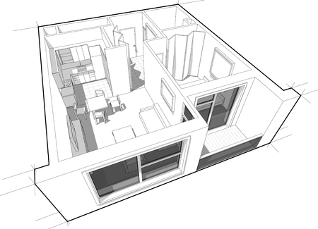 Perspective cutaway diagram of a one bedroom apartment completely furnished.のイラスト素材