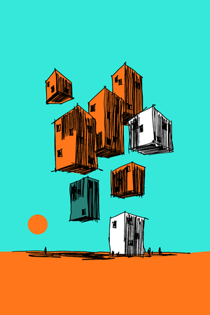 hand drawn colorful illustration of abstract modern buildings flying in the air over groundのイラスト素材