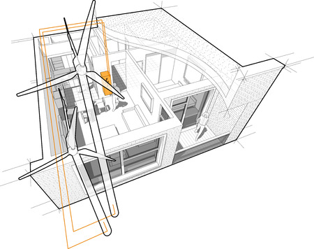 Perspective cutaway diagram of a one bedroom apartment completely furnished with flat roof cutaway over it with wind turbines as source of electric energyのイラスト素材
