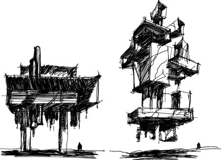 two hand drawn architectectural sketches of a modern abstract futuristic architecture with people aroundのイラスト素材