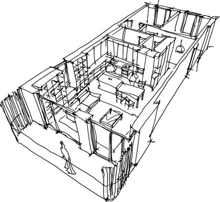 hand drawn sketch of Perspective cut away diagram apartment completely furnishedのイラスト素材