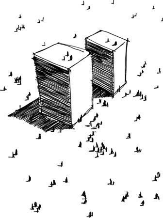 hand drawn illustration of two simple abstract modern futuristic buildings or towers with many people aroundのイラスト素材