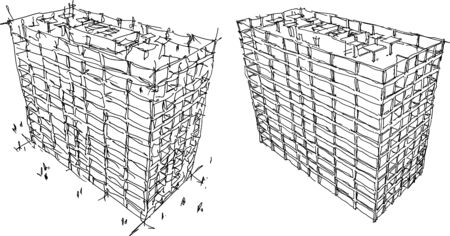 two hand drawn architectural sketches of office building concrete structure with culomns and windows and wallsのイラスト素材