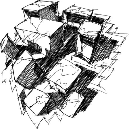 hand drawn architectural sketch of a modern abstract rectangular architecture from fisheye viewのイラスト素材