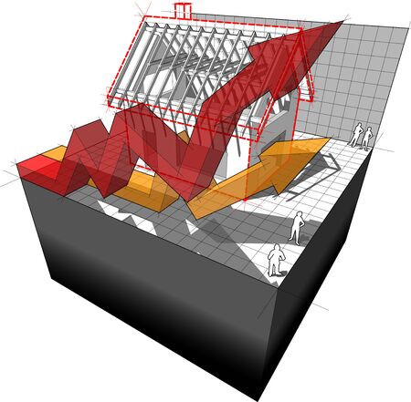 3d illustration of diagram of a detached house under construction with two rising business diagram arrowsのイラスト素材
