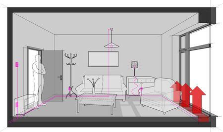 empty room with french window and floor heating and with electric installations and furnitureのイラスト素材