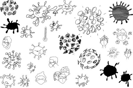 many hand drawn sketches coronavirus and people in face masksのイラスト素材
