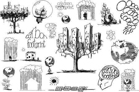 many hand drawn sketches of topics regarding nature and environment and ecology and energy and planet earth and carbon footprintのイラスト素材