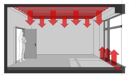 3d illustration of  empty room with door and tall french window and standing man in the opened door and ceiling heating and floor convector for heating in front of windowのイラスト素材