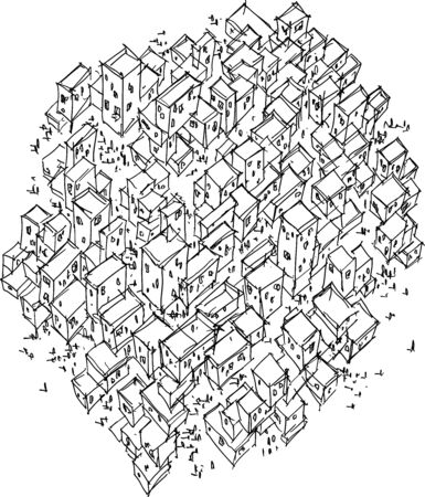hand drawn sketch of giant slum city composed of rectangular houses and many people aroundのイラスト素材