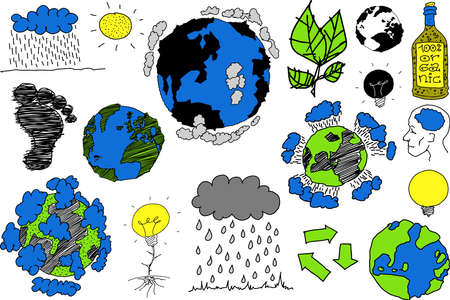 many hand drawn sketches of topics regarding nature and environment and ecology and planet earth and weatherのイラスト素材