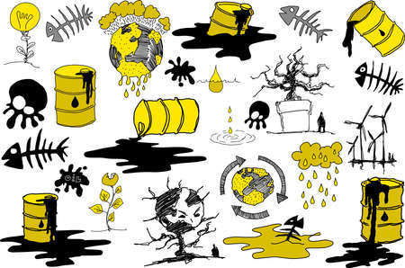 many hand drawn sketches of topics regarding nature and environment and ecology and planet earth and weather and pollutionのイラスト素材