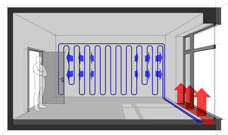 3d illustration of  empty room with door and tall french window and standing man in the opened door and wall cooling and floor convector for heating in front of windowのイラスト素材