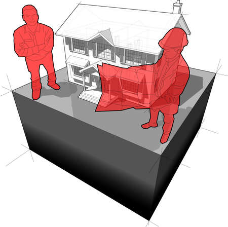 diagram of a classic colonial house and architect and happy smiling man standing in front of itのイラスト素材