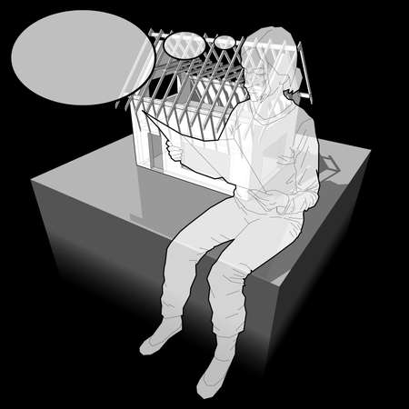 diagram of house under construction and woman with thought bubbleのイラスト素材