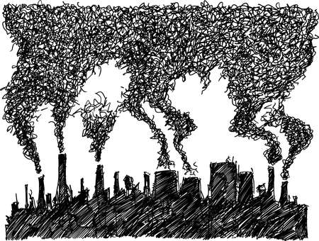 hand drawn sketch of modern dark industrial city with lots of pollution and smoke and smog coming from smokestacks and chimneysのイラスト素材
