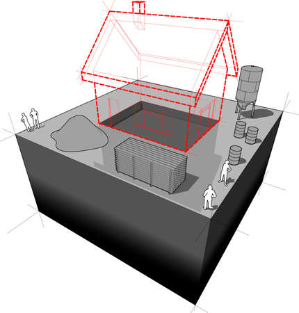 Vision of a simple detached house with construction equipment around the construction siteのイラスト素材