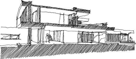 hand drawn architectural sketch of section of modern two story detached house with flat roof and people aroundのイラスト素材