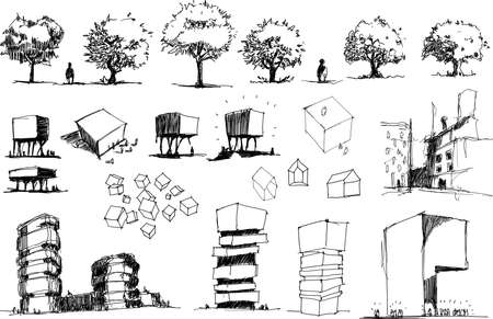 many hand drawn architectectural sketches of a modern abstract architecture and detached houses and urban ideas and treesのイラスト素材
