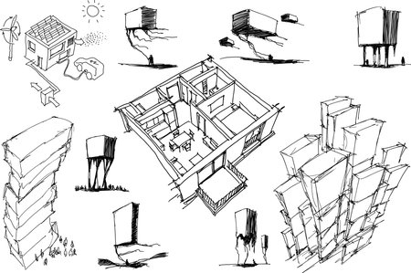 four hand drawn architectectural sketches of a modern architecture in form of fully furnished apartment or apartment building or city panoramatic viewのイラスト素材