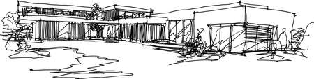 hand drawn architectural sketches of modern two story detached house with flat roof and people aroundのイラスト素材