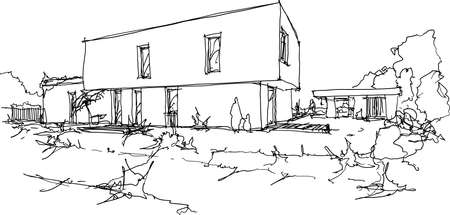 hand drawn architectural sketches of modern one story detached house with flat roof and people aroundのイラスト素材