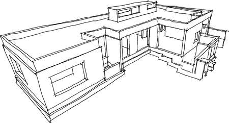 hand drawn architectural sketches of strcture of modern one story detached house with flat roofのイラスト素材