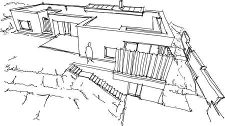hand drawn architectural sketches of modern one story detached house with flat roof and people aroundのイラスト素材
