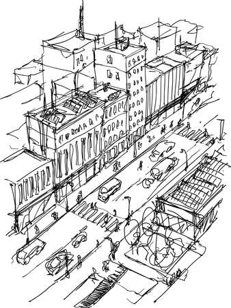 hand drawn architectural sketch of a modern city with high buildings and people and vehicles in the streetsのイラスト素材