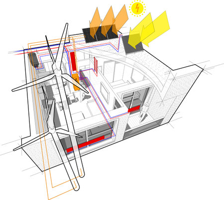 Apartment diagram with radiator heating and connected to the wind turbines and photovoltaic and solar panelsのイラスト素材