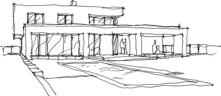 hand drawn architectural sketches of modern one story detached house with garden  and swimming poolのイラスト素材