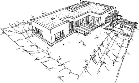 hand drawn architectural sketches of modern one story detached house with flat roof and people aroundのイラスト素材
