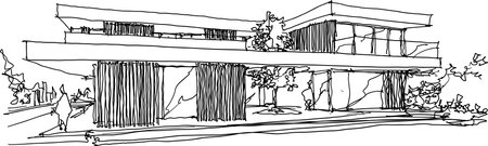 hand drawn architectural sketches of modern two story detached house with flat roof and people aroundのイラスト素材