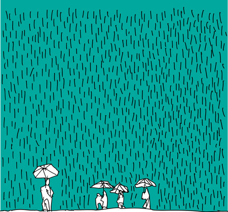 hand drawn sketch of people with umbrellas in heavy rainのイラスト素材