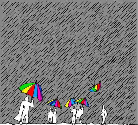 hand drawn sketch of people with colorful umbrellas in heavy rain and one flying umbrellaのイラスト素材