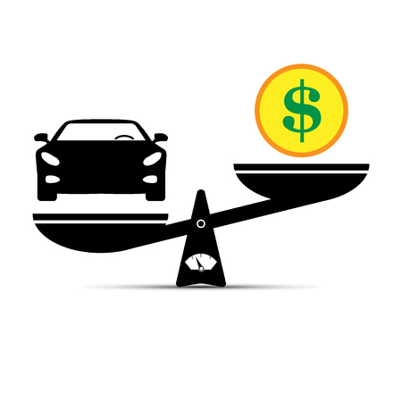 Car and money on scales icon, vector. Scales with car and dollar coin in flat style. Buying car concept.のイラスト素材