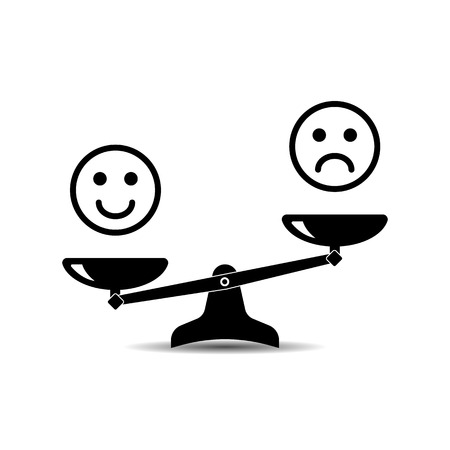 Smile emoticons different mood on scales, vector icon. Positive attitude as advantage. Happiness versus sadness.のイラスト素材