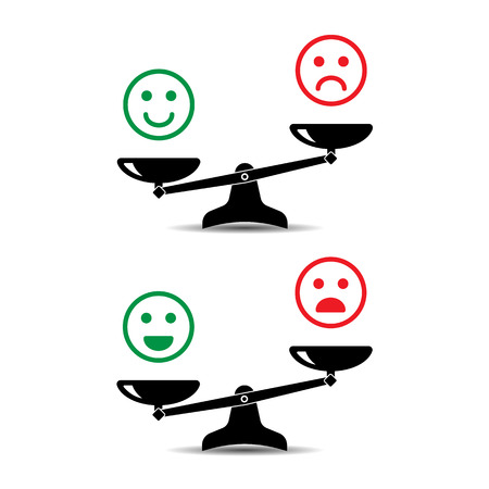 Smile emoticons different mood on scales, vector icon. Positive attitude as advantage. Happiness versus sadness.のイラスト素材