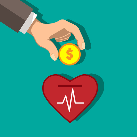 the hand puts money in the heart. concept of health promotion. vectorのイラスト素材