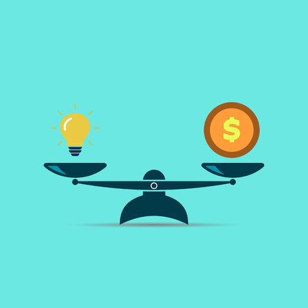 Light bulb idea and money on scales. idea is equal to money. vector symbolのイラスト素材